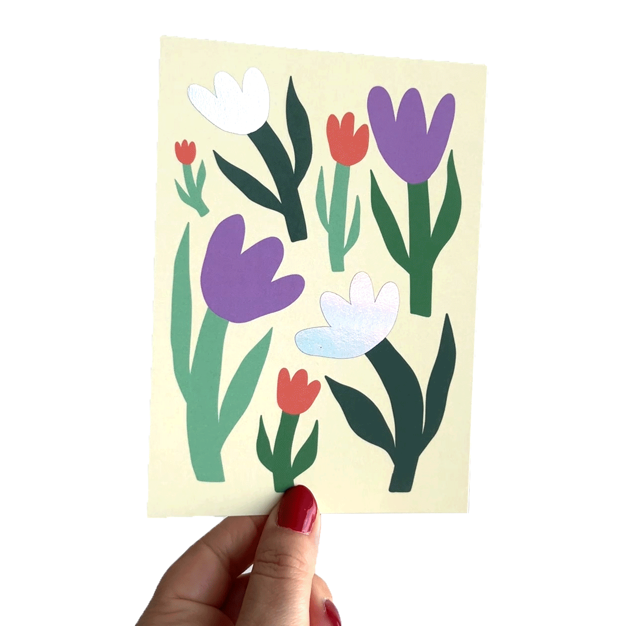 Jolanda Epprecht - Postkarte "Tulpen auf Gelb mit Holofolie" (5 Stück)