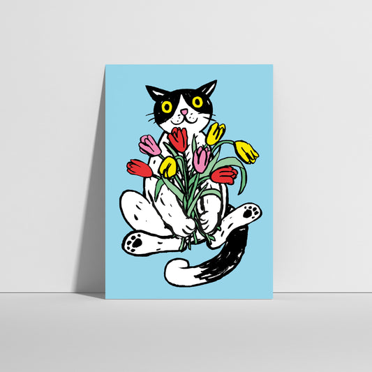 Anna-Lisa Schneeberger - Postkarte "Büsi mit Tulpen" (5 Stück)