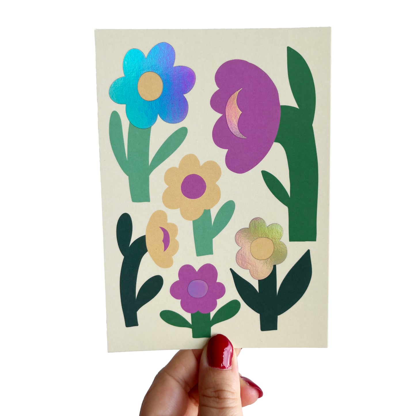 Jolanda Epprecht - Postkarte "Blumen auf Gelb mit Holofolie" (5 Stück)