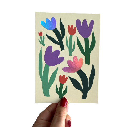 Jolanda Epprecht - Postkarte "Tulpen auf Gelb mit Holofolie" (5 Stück)