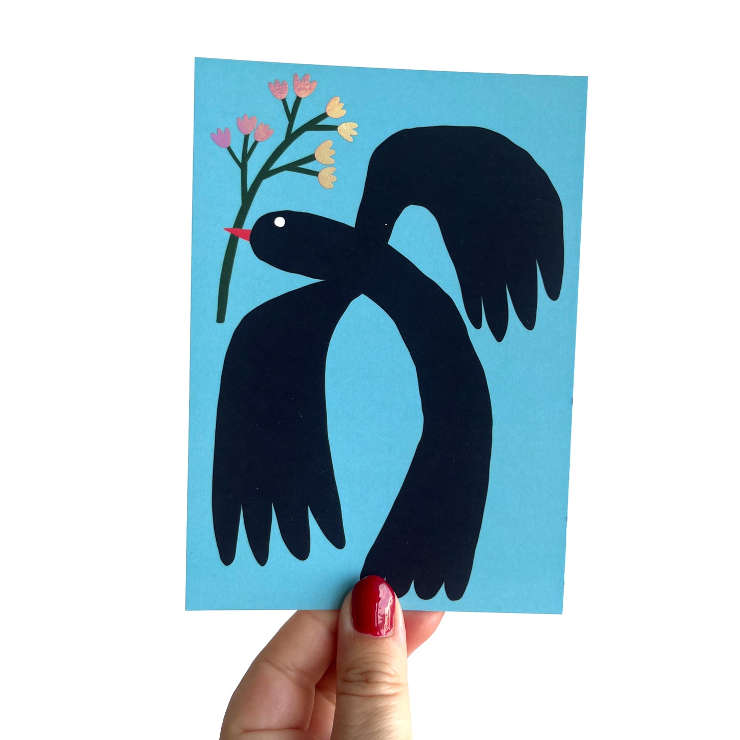 Jolanda Epprecht - Postkarte "Vogel mit Blume mit Holofolie" (5 Stück)